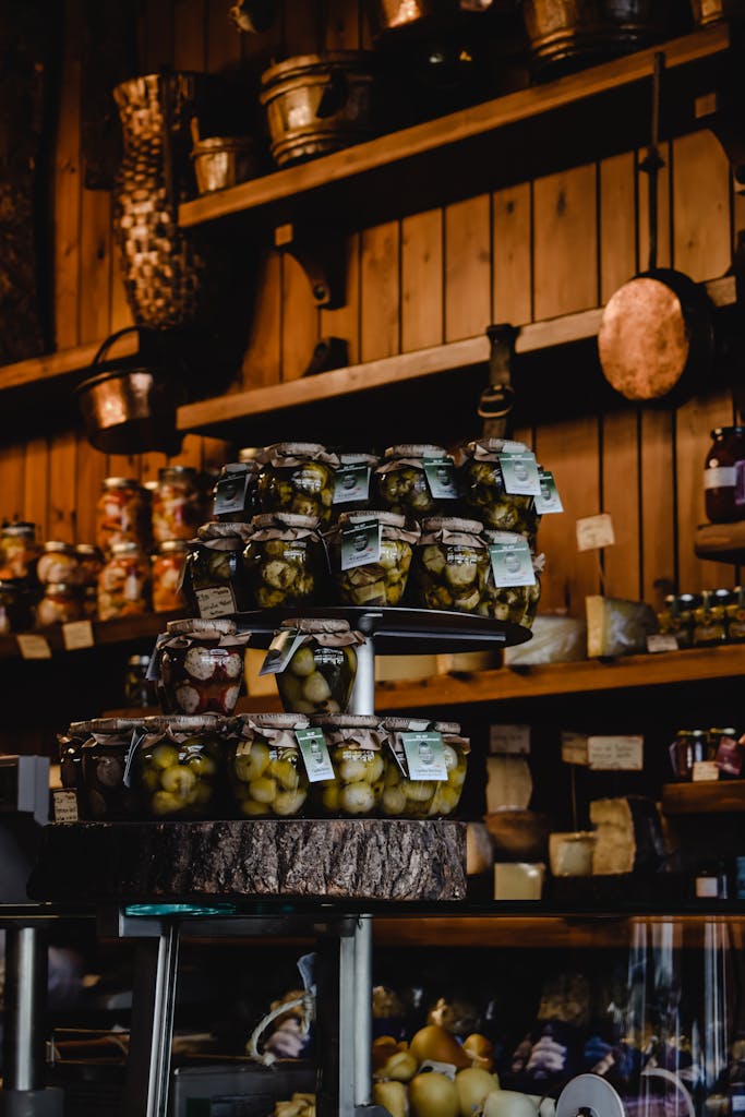 Explore an authentic Italian food shop with vintage jars and traditional shelves in Milan, Italy.